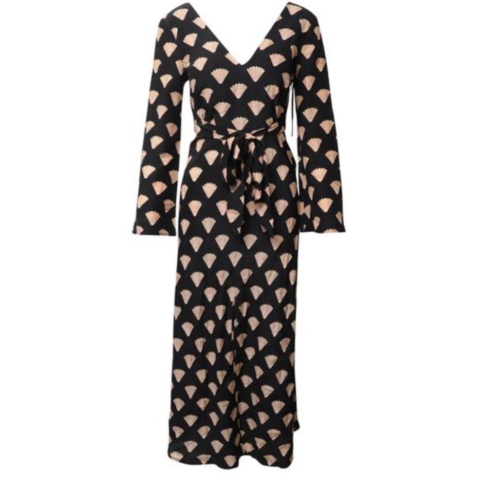 RIXO Black & Beige Fan-Print Wrap Dress